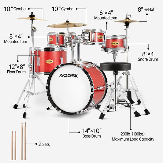 AODSK Drum Sets 5-Piece for Beginners, 14 inch Full Size Complete Drum Kit with Adjustable Throne, Cymbal, Hi-Hat, Pedal & Drumstick Red