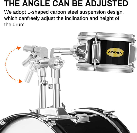 AODSK Drum Sets 5-Piece for Beginners, 14 inch Full Size Complete Drum Kit with Adjustable Throne, Cymbal, Hi-Hat, Pedal & Drumstick Black