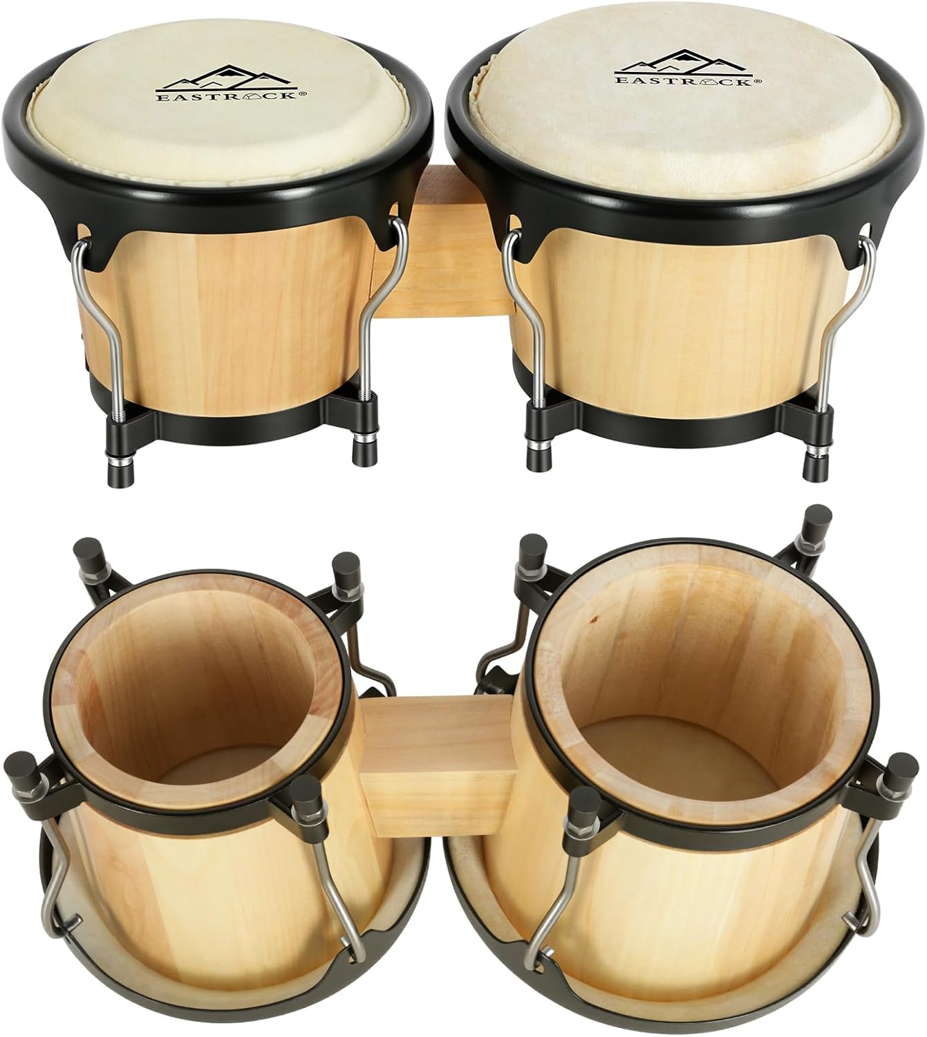 EASTROCK Bongo Drum 6″ and 7″ Set for Beginners Students Adults Professionals, Natural Animal Skin Heads, Solid Wood Shell, Tunable Drum Percussion Instruments Bongos with Bag and Tuning Wrench-Wood