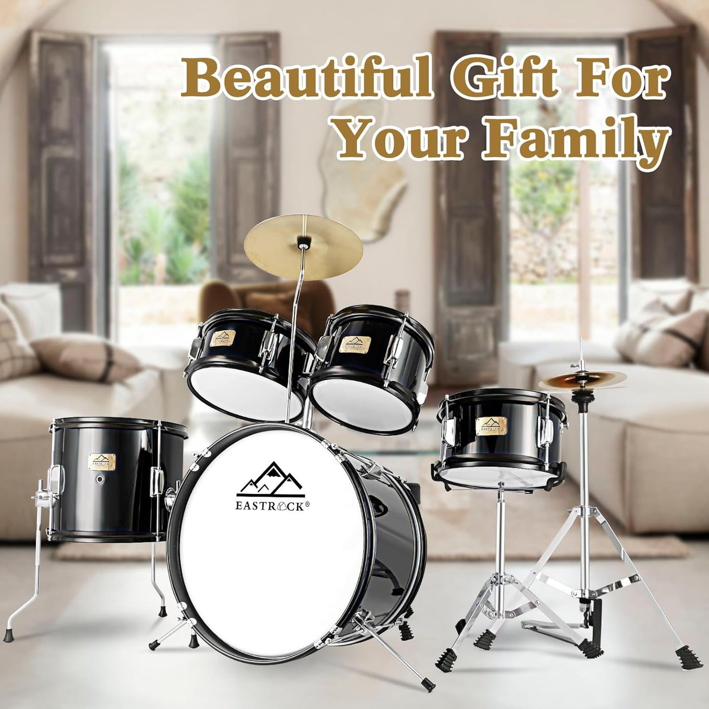 EASTROCK Drum Set, 5-Piece 16 Inches Junior Drum Sets, Drummer, Beginner Youth Drumset for 7-12 Years Old with Throne,Cymbal,Pedal,Drumsticks (Black)
