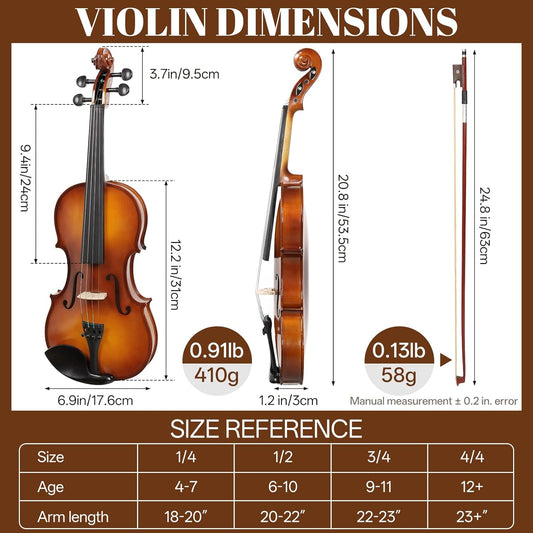 Kmise Violin 1/2 Full Set, High Density Ebony Violins, Glossy Acoustic Fiddle for Adults, Beginners, Students with Violin Case, Rosin, Strings, Bow, Shoulder Rest, Beginner's Guide (Ebony, 1/2)