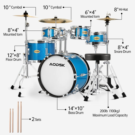AODSK Drum Sets 5-Piece for Beginners, 14 inch Full Size Complete Drum Kit with Adjustable Throne, Cymbal, Hi-Hat, Pedal & Drumstick Light Blue