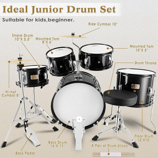 EASTROCK Drum Set, 5-Piece 16 Inches Junior Drum Sets, Drummer, Beginner Youth Drumset for 7-12 Years Old with Throne,Cymbal,Pedal,Drumsticks (Black)