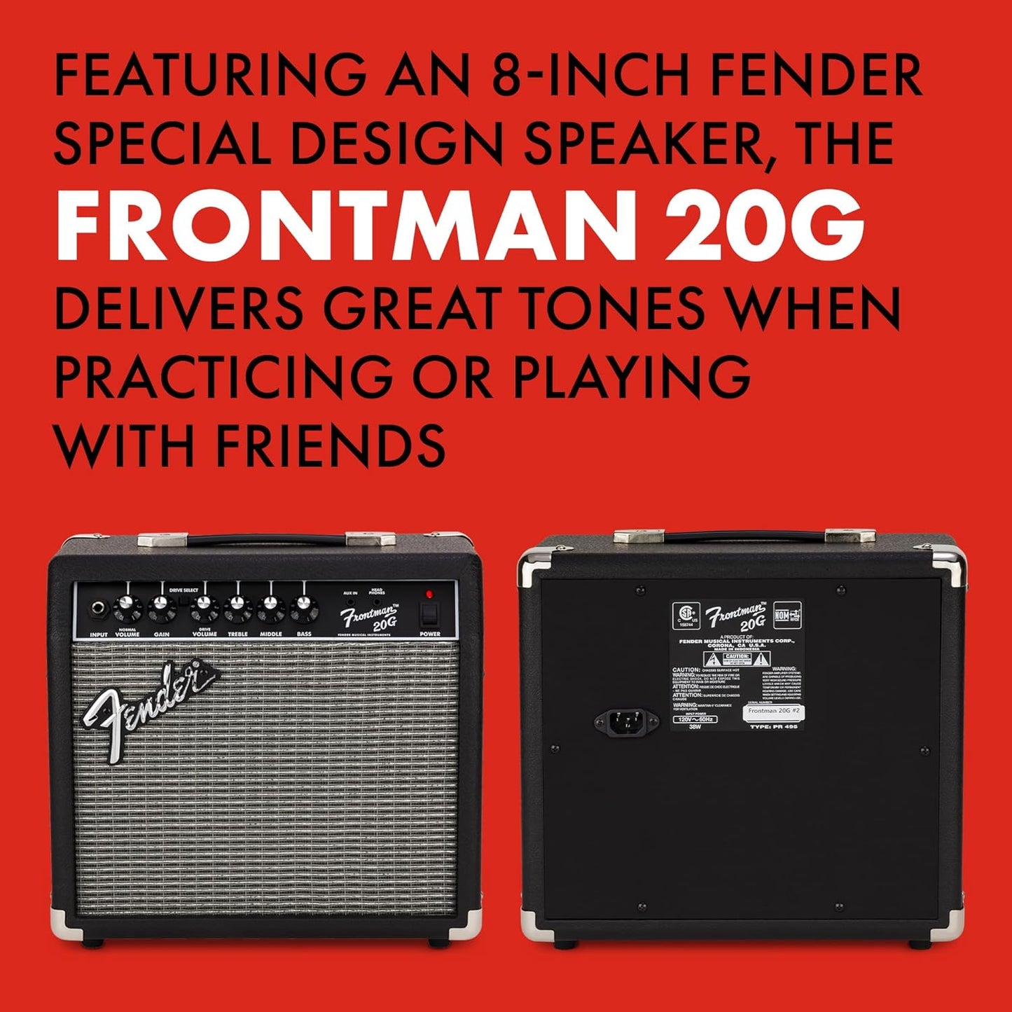 Fender Frontman 20G Guitar Amp, 20 Watts, with 2-Year Warranty 6 Inch Fender Special Design Speaker, 10x16x16 inches Black