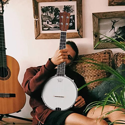 4-String Banjo Ukulele 23 Sapele Wood Dark Brown with Remo Head Nylon Strings Travel Kit Bag Tuner Picks BU806