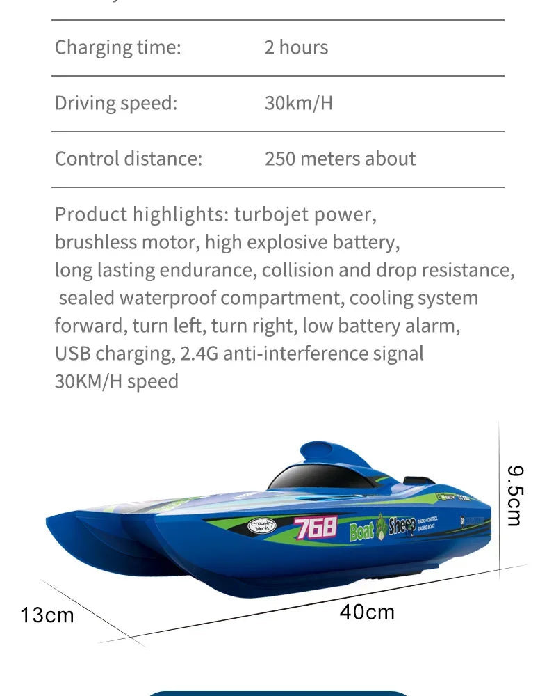 2.4G RC Speed Boat TX768 Turbojet Brushless Motor High Speed Remote Control Boat Watercraft Toys For Children Boys Gift Blue