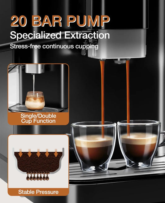 20-Bar Espresso Maker With Bean Grinder Professional Coffee Machine With Milk Frother & 1.5l Water Tank For Coffee Lovers