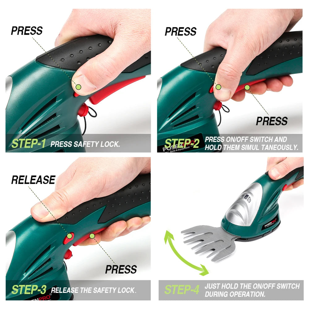 POSENPRO Cordless 7.2V Hedge & Grass Trimmer Shear Shrubber Handheld Trimmer,2 IN 1 Garden Tools Outdoor Power Tools UL Plug