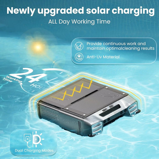 2026 Upgraded Solar Pool Skimmer 24 Hours Robotic Pool Cleaner with Remote Control Smart Obstacle Avoidance Dual Charging Option