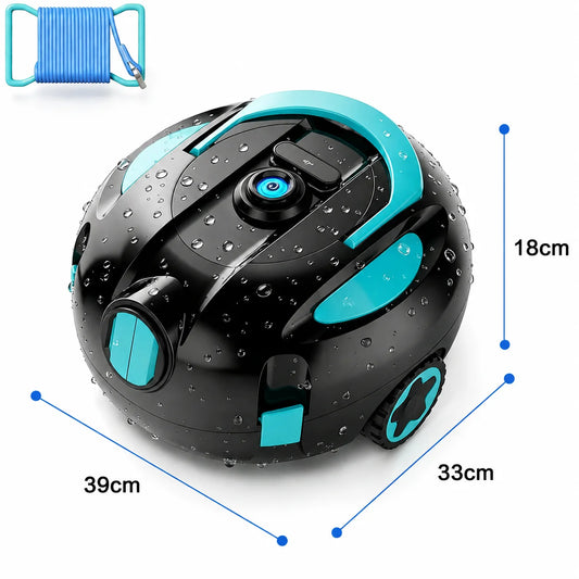 Cordless robotic pool cleaner featuring an ultra-long 160-minute battery life, IPX8 waterproof rating, and powerful suction; capable of cleaning pools up to 1,100 square feet, it comes with a retrieval rope and cleaning brush, and is suitable for all type