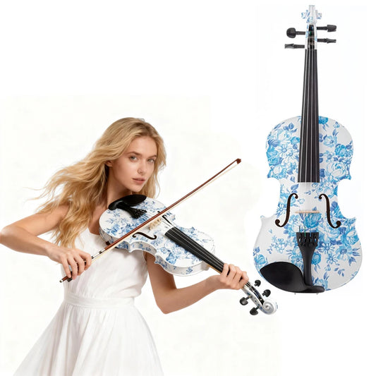 4/4 Blue White Floral Art Violin with Case Bow Rosin & Shoulder Rest HandPainted Solid Wood Ebony Outfit for Musicians Beginners