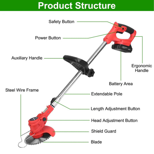 Electric Cordless Grass Trimmer Rechargeable Lawn Mower Weed Cutter with Alloy Saw Blade 2 Alloy Blades 5 Plastic Blades 2 Rechargeable Batteries Goggles Gloves Auxiliary Handle