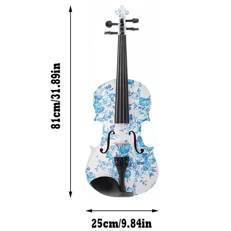 4/4 Blue White Floral Art Violin with Case Bow Rosin & Shoulder Rest HandPainted Solid Wood Ebony Outfit for Musicians Beginners