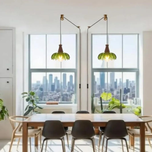 Plug-in Pendant Light, Vintage Green Glass Swag Hanging Lamp, Adjustable Pulley Cord, Walnut Stained Solid Wood Base, Mid Centu