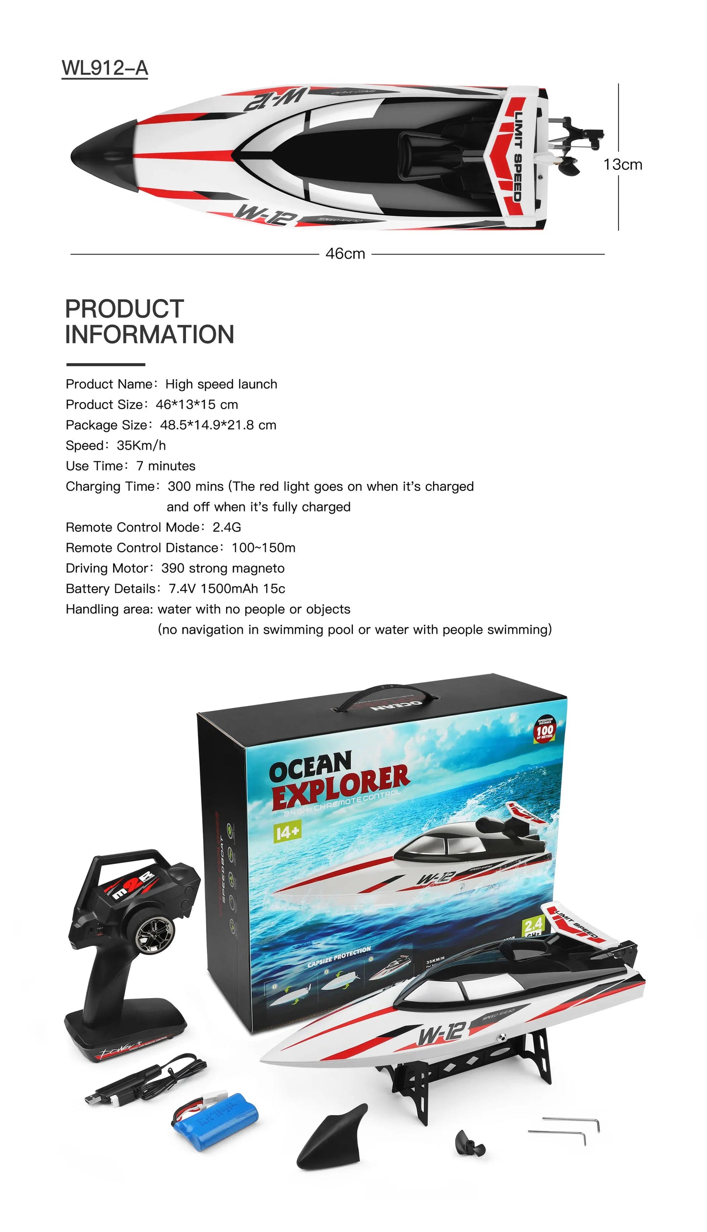 Wltoys WL916 WL912A RC Boat High Speed 55KM/H 35KM/H 2.4G Remote Control Low Battery Alarm Electric RC Boat Toy Gift for Boy White