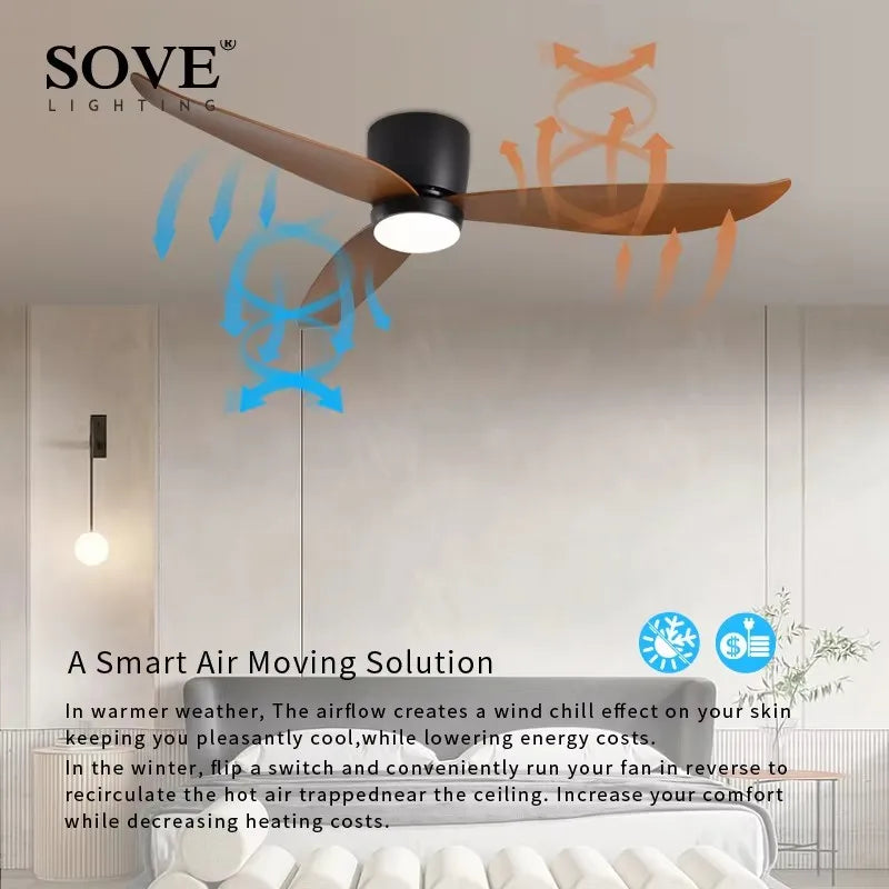 SOVE Modern White Ceiling Fan With Led Light Ceiling Light Fan Ceiling Fans With Lights Led Fan Lamp Remote Control, Black Matte Black, 44 Inch