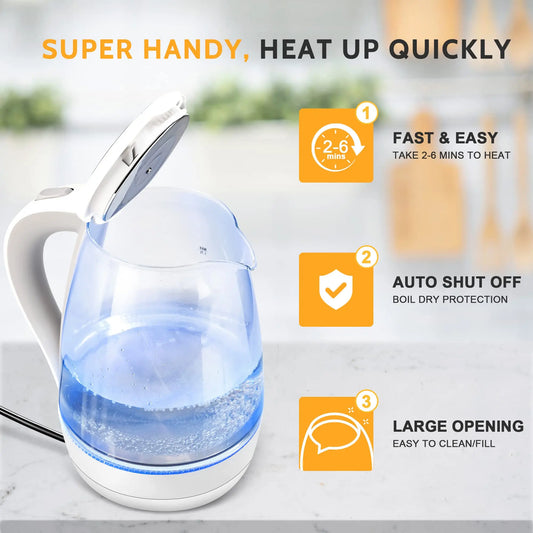 Electric Kettle with Water Dispenser - 1.7L Elegant Glass Tea Pot, 1100W Fast Boiling, LED Indicator, Auto-Shutoff