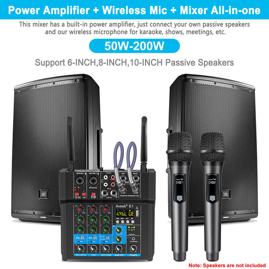 Aveek Powered Amplifier Audio Mixer,Dual Wireless Mic Sound Board Console Digital USB BluetoothComputer DJ Mixing for Karaoke