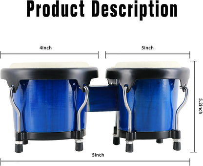 Wood Bongos Drum Set for Beginners Natural Adult Bongo with Tuning Wrench Bongo Drums 4" and 5" Tunable Percussion bongo drum Natural Animal Hides Metal (Blue)