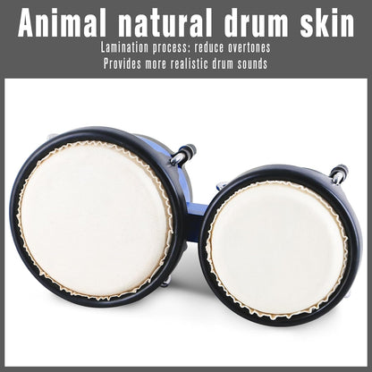 Wood Bongos Drum Set for Beginners Natural Adult Bongo with Tuning Wrench Bongo Drums 4" and 5" Tunable Percussion bongo drum Natural Animal Hides Metal (Blue)