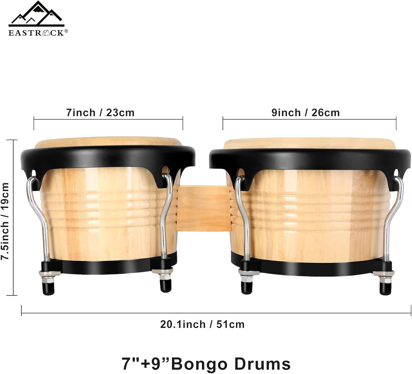 EASTROCK Bongo Drums 7” and 9” Set for Adults Beginners Professionals Tunable Wood and Metal Drum Percussion Instruments with Tuning Wrench(7”+9” Bongos)