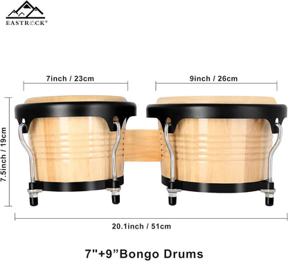 EASTROCK Bongo Drums 7” and 9” Set for Adults Beginners Professionals Tunable Wood and Metal Drum Percussion Instruments with Tuning Wrench(7”+9” Bongos)