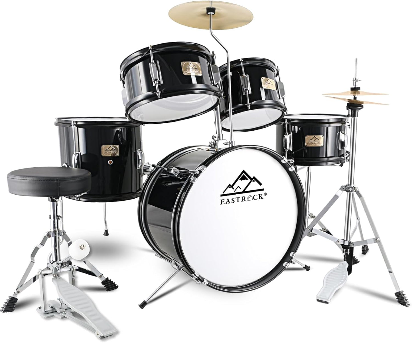 EASTROCK Drum Set, 5-Piece 16 Inches Junior Drum Sets, Drummer, Beginner Youth Drumset for 7-12 Years Old with Throne,Cymbal,Pedal,Drumsticks (Black)