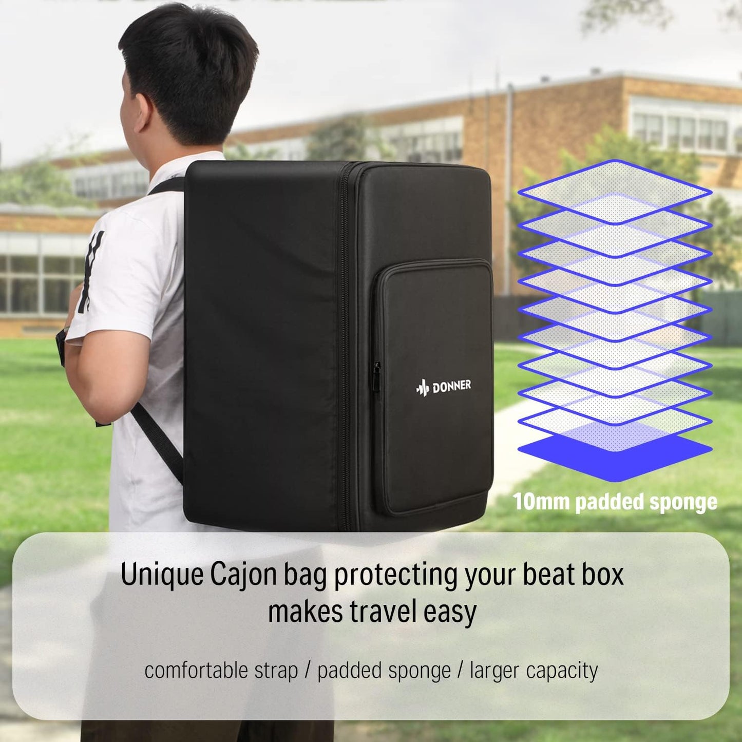 Donner Cajon Box Drum Full Size, Percussion Instrument Gifts for Adults Teens, Hand Crafted Birchwood Beat Box, Jam Cajon Drum Box, Portable with Adjustable Straps Travel Backpack