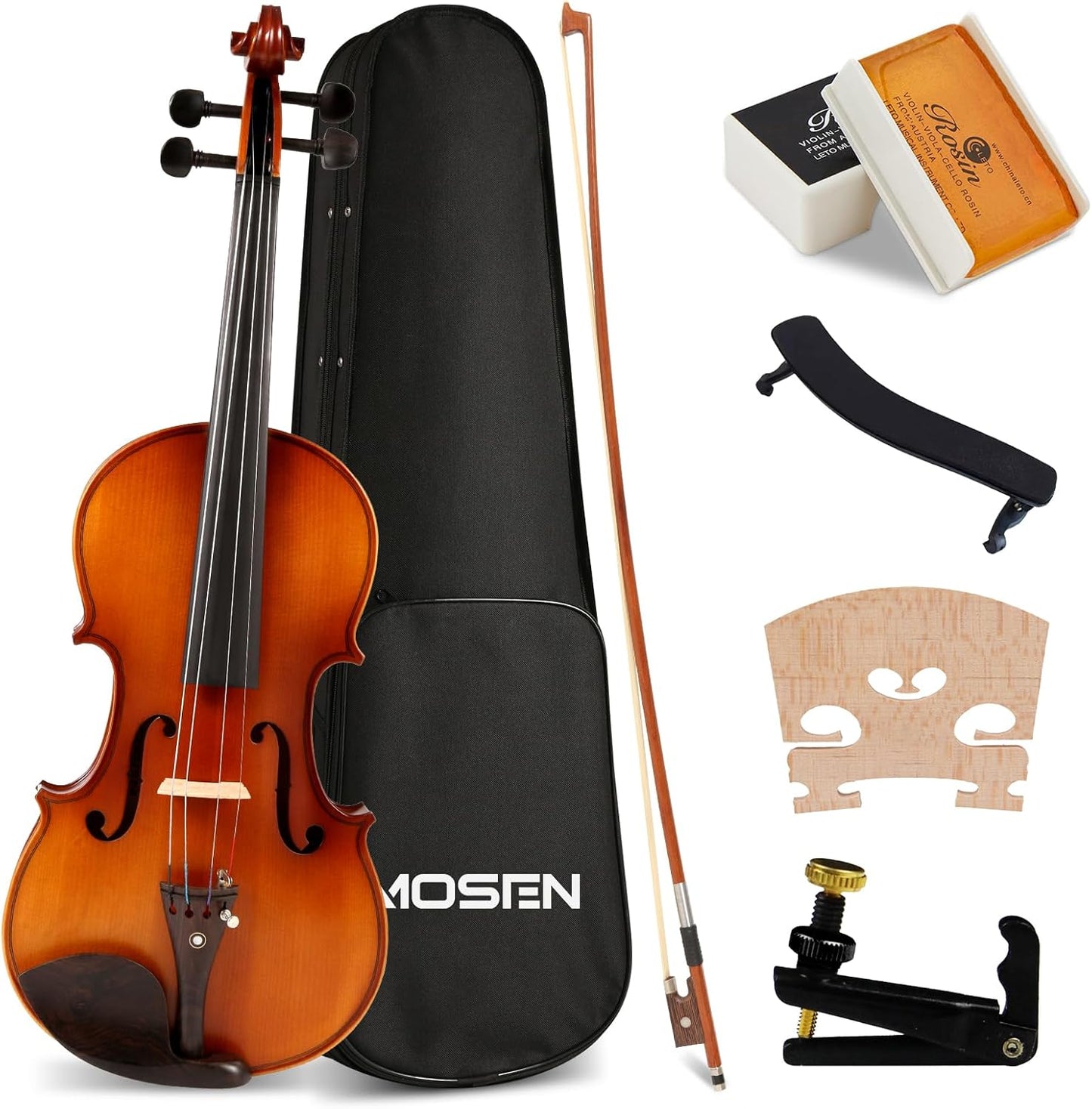 MOSEN 4/4 Violin Fiddle Full Size, Maple Violin Kit Set for Beginners with Hard Case, Bow, Rosin, Shoulder Rest, Tuner, Solid Maple Wood and Ebony Fittings, MS-836M