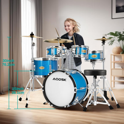 AODSK Drum Sets 5-Piece for Beginners, 14 inch Full Size Complete Drum Kit with Adjustable Throne, Cymbal, Hi-Hat, Pedal & Drumstick Light Blue