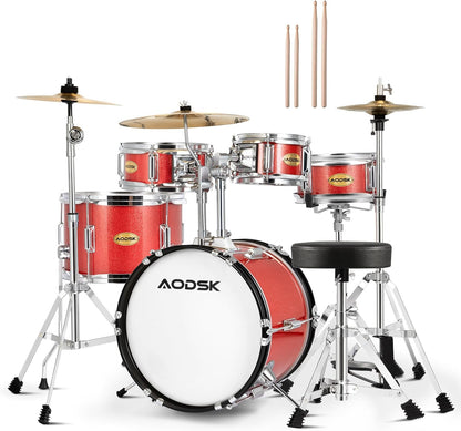 AODSK Drum Sets 5-Piece for Beginners, 14 inch Full Size Complete Drum Kit with Adjustable Throne, Cymbal, Hi-Hat, Pedal & Drumstick Red
