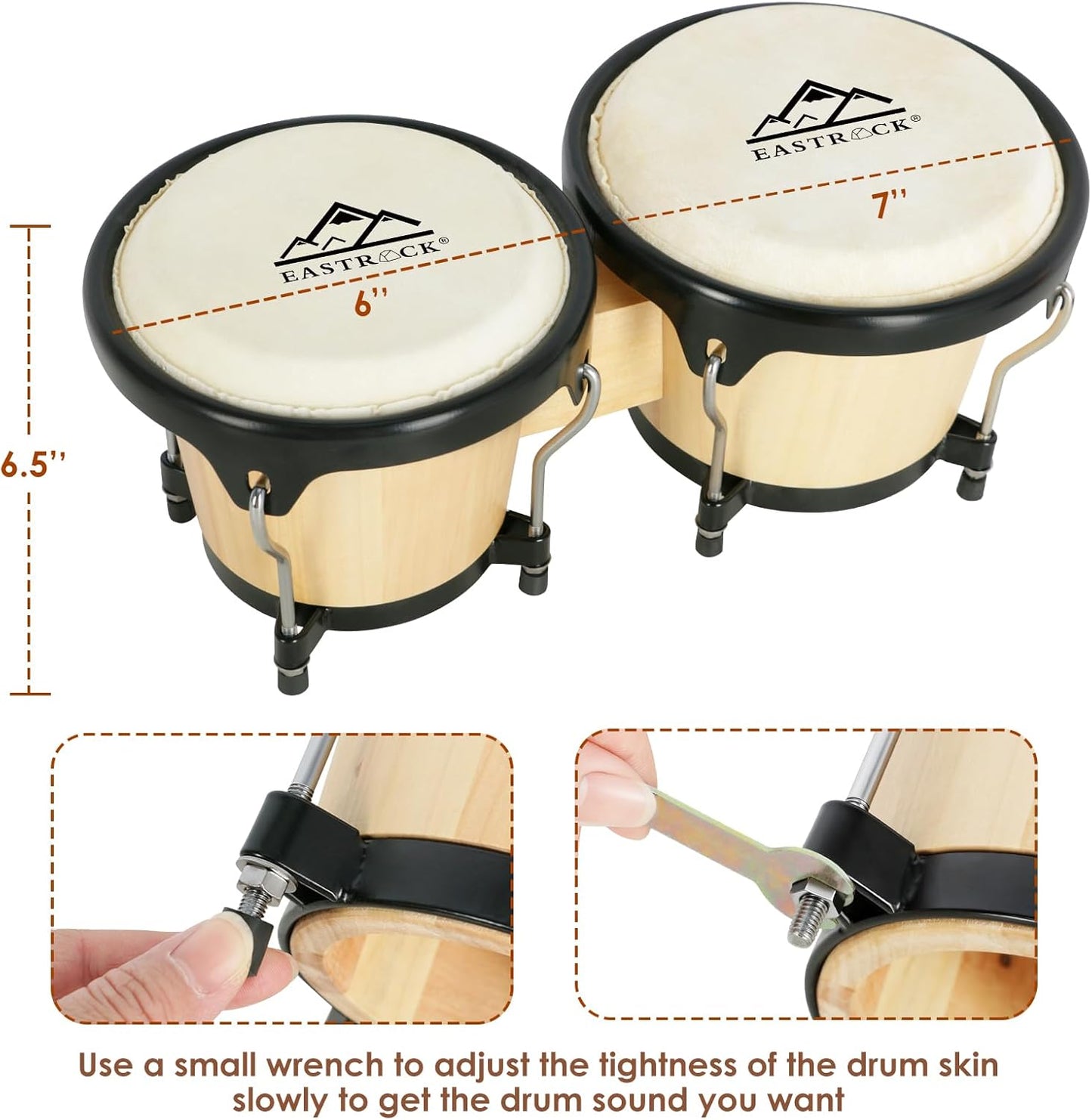 EASTROCK Bongo Drum 6″ and 7″ Set for Beginners Students Adults Professionals, Natural Animal Skin Heads, Solid Wood Shell, Tunable Drum Percussion Instruments Bongos with Bag and Tuning Wrench-Wood
