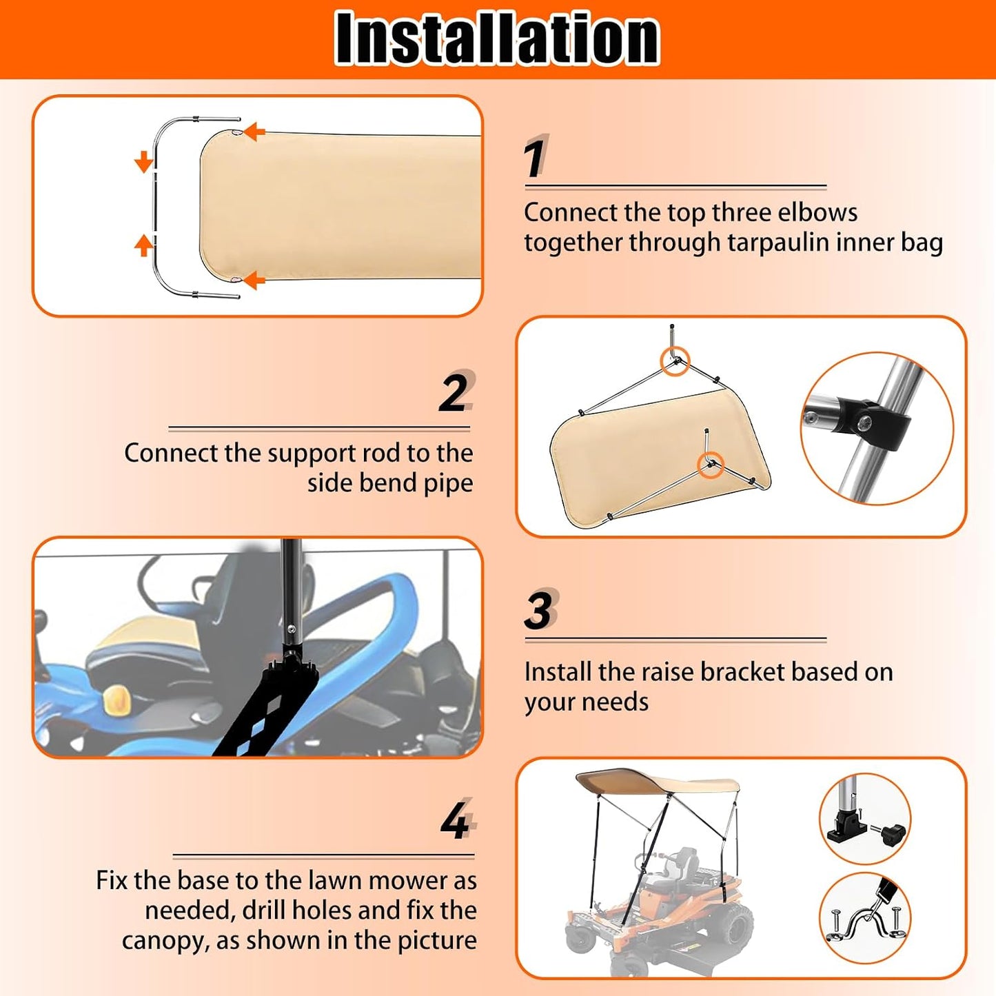 Sun Shade Canopy for Zero Turn Lawn Mower, Waterproof Fabric UV Protection, Lawn Mover Canopy with Raise Bracket Fits John Deere, Kubota, Cub Cadet, Troy-Bilt, Bimini Top Straps Attachment
