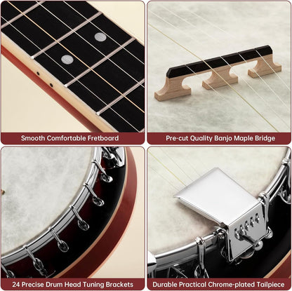 Kmise Banjo, 5 String Banjos with Remo Head Full Size 38 Inch Closed Back with Removable Resonator, Strings Pack, Finger Picks, Strap, Case, Tuner Set Accessories for Starter Adults Beginner Gift