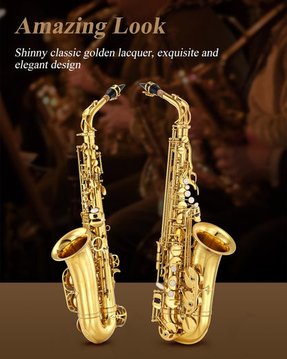 Eastar Student Alto Saxophone E Flat for Beginner Sax Full Kit with Carrying Case, Mouthpiece, Straps, Reeds, Stand, Golden Lacquer, AS-Ⅱ