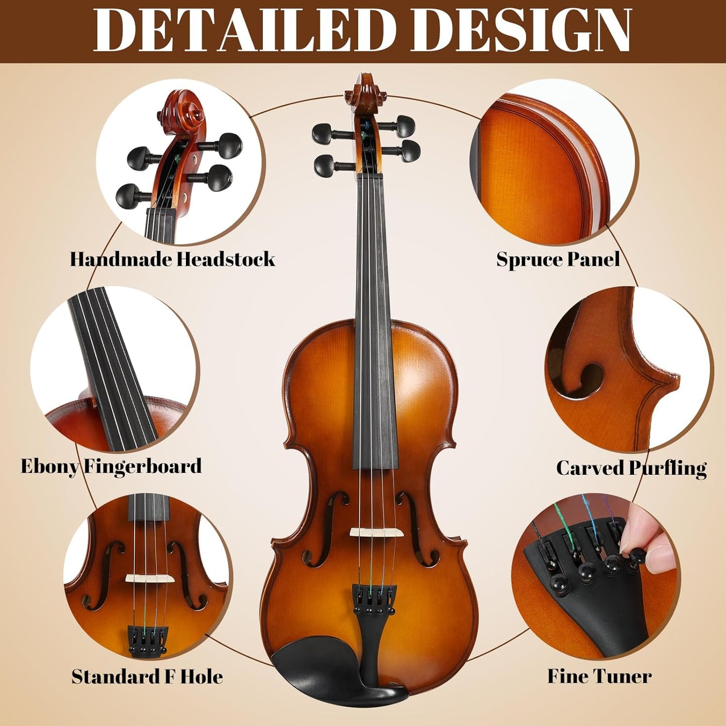 Kmise Violin 1/2 Full Set, High Density Ebony Violins, Glossy Acoustic Fiddle for Adults, Beginners, Students with Violin Case, Rosin, Strings, Bow, Shoulder Rest, Beginner's Guide (Ebony, 1/2)