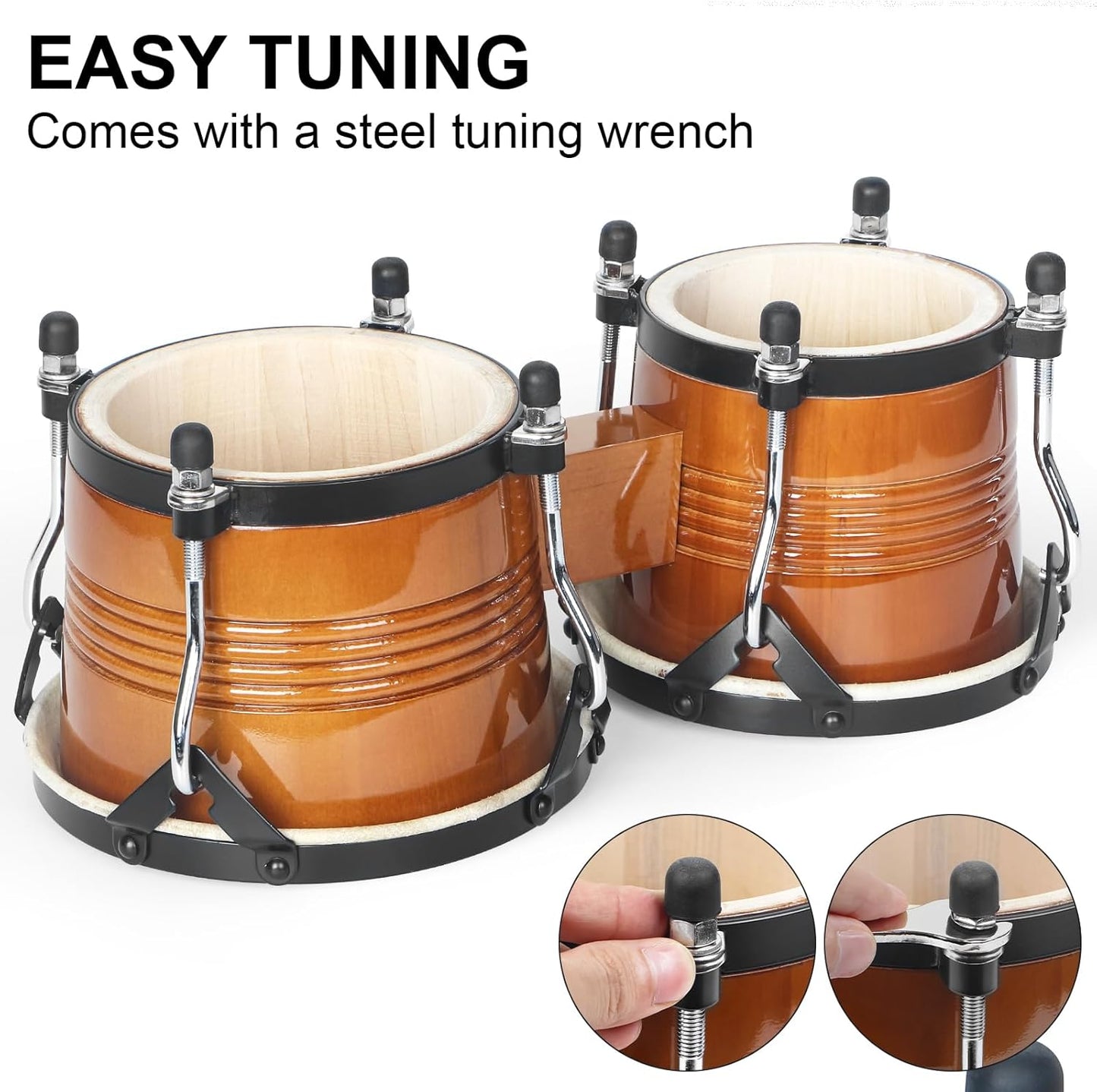 Bongo Drums 6.5” and 7.5”, Birch Percussion Instrument Bongos for Adults Beginners,Buffalo Hand Drum with Carry Bag and Tuning Wrench for Education and Practice.