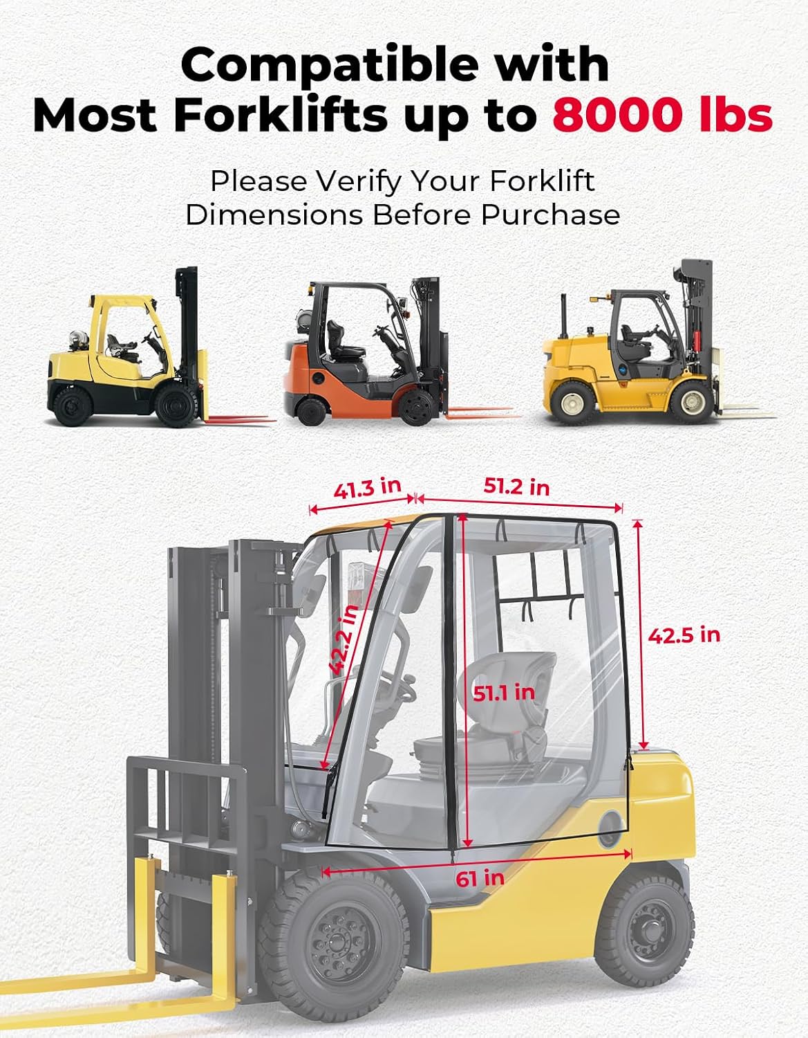 KEMIMOTO Forklift Rain Cover with Rear Window, Fit Forklift up to 8000 lb | Waterproof Cab Enclosure Clear Fork Truck Cover with 0.5MM PVC Film, Anti-UV Universal Fit, 61"Top 51" L x 41" W x 51" H