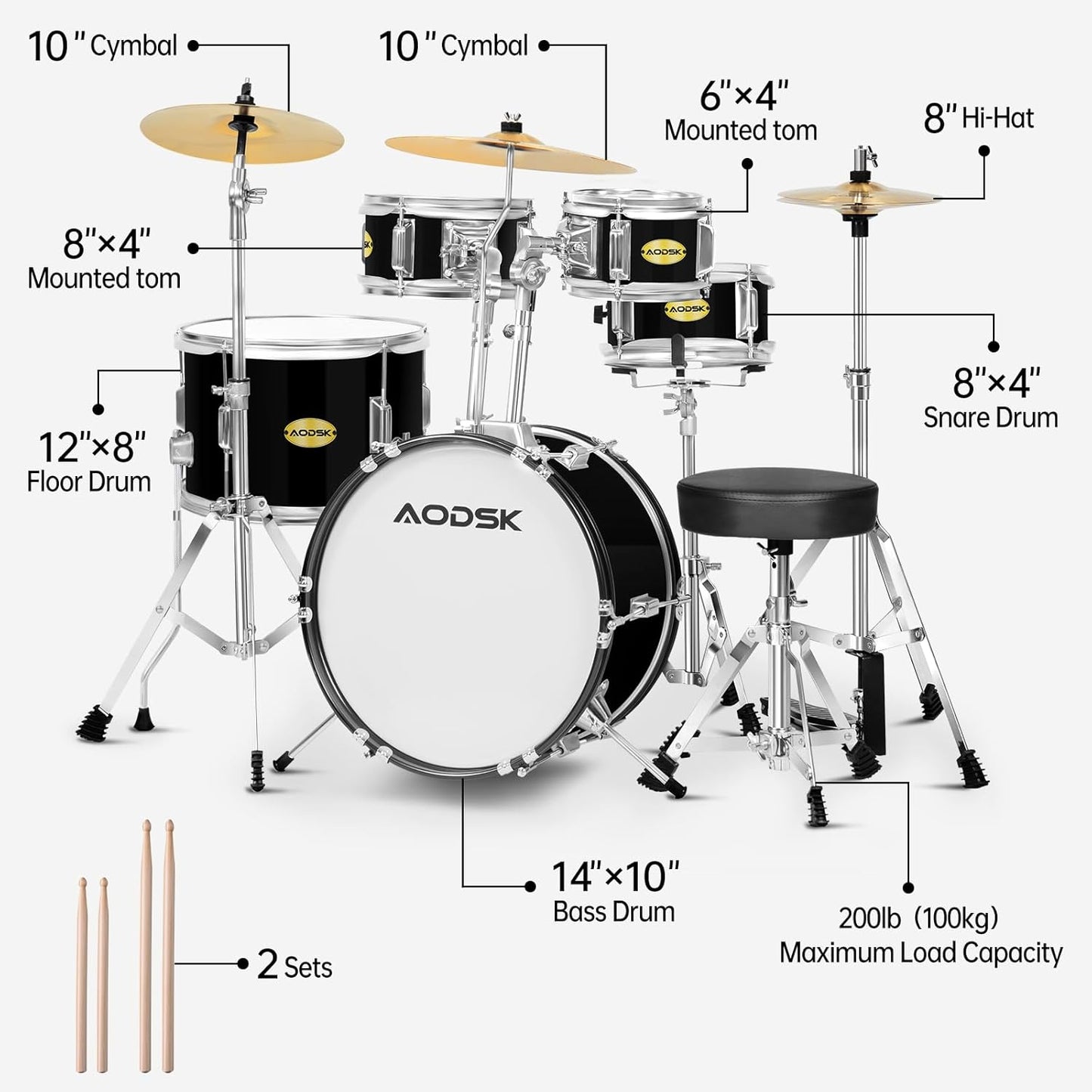 AODSK Drum Sets 5-Piece for Beginners, 14 inch Full Size Complete Drum Kit with Adjustable Throne, Cymbal, Hi-Hat, Pedal & Drumstick Black