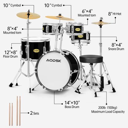 AODSK Drum Sets 5-Piece for Beginners, 14 inch Full Size Complete Drum Kit with Adjustable Throne, Cymbal, Hi-Hat, Pedal & Drumstick Black