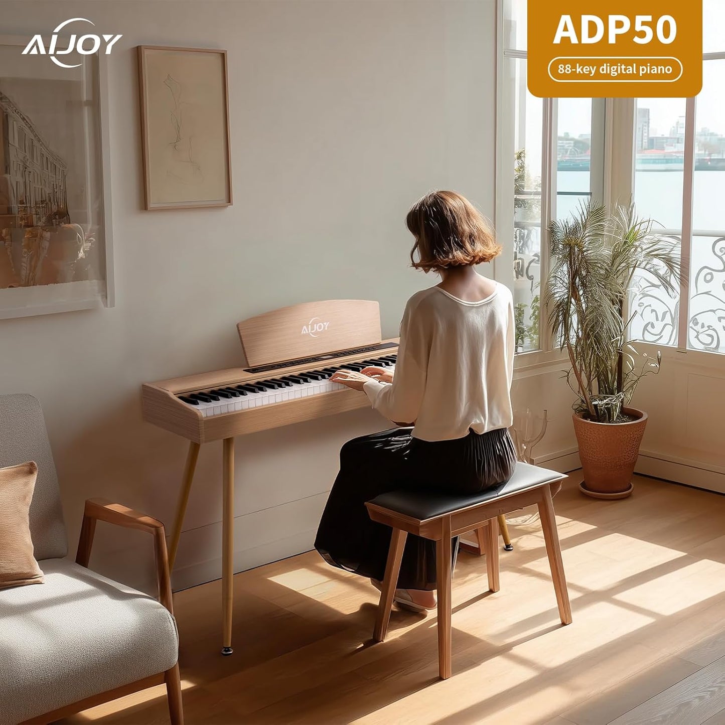 AiJoy Digital Piano Keyboard Hammer Weighted 88 Keys, Full Size Electric Piano for Beginners, with LCD Display and Triple Pedal, Supports USB-MIDI/Wireless Connect, ADP-50