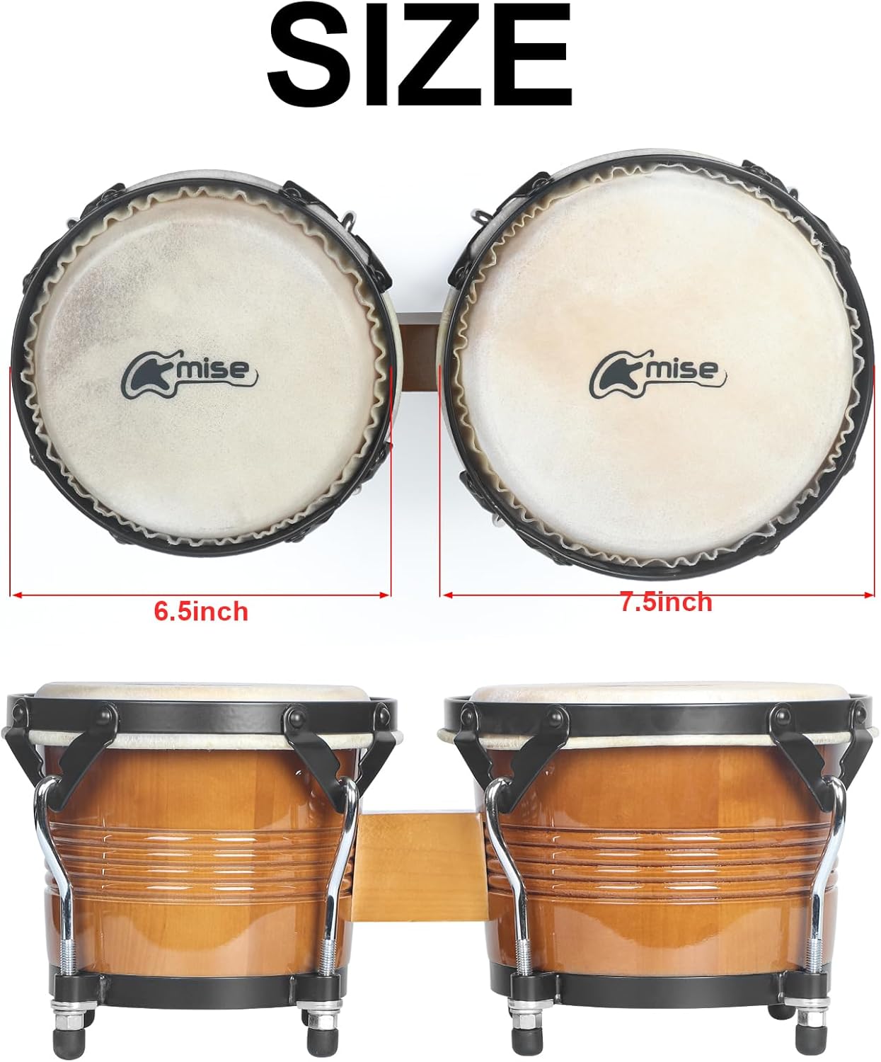 Bongo Drums 6.5” and 7.5”, Birch Percussion Instrument Bongos for Adults Beginners,Buffalo Hand Drum with Carry Bag and Tuning Wrench for Education and Practice.