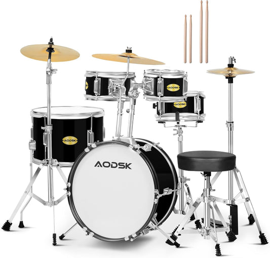 AODSK Drum Sets 5-Piece for Beginners, 14 inch Full Size Complete Drum Kit with Adjustable Throne, Cymbal, Hi-Hat, Pedal & Drumstick Black