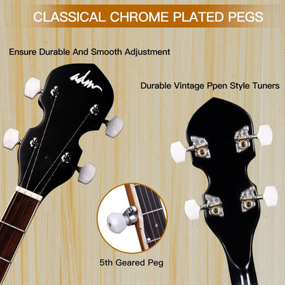 ADM Banjo 5 String Full Size Banjoes Set, 38 Inch Beginner Banjo Kit with Resonator, Remo Drum Head, Open or Closed Back, Gift Package Free Lessons Starter Accessories for Adults Teenager, Brown