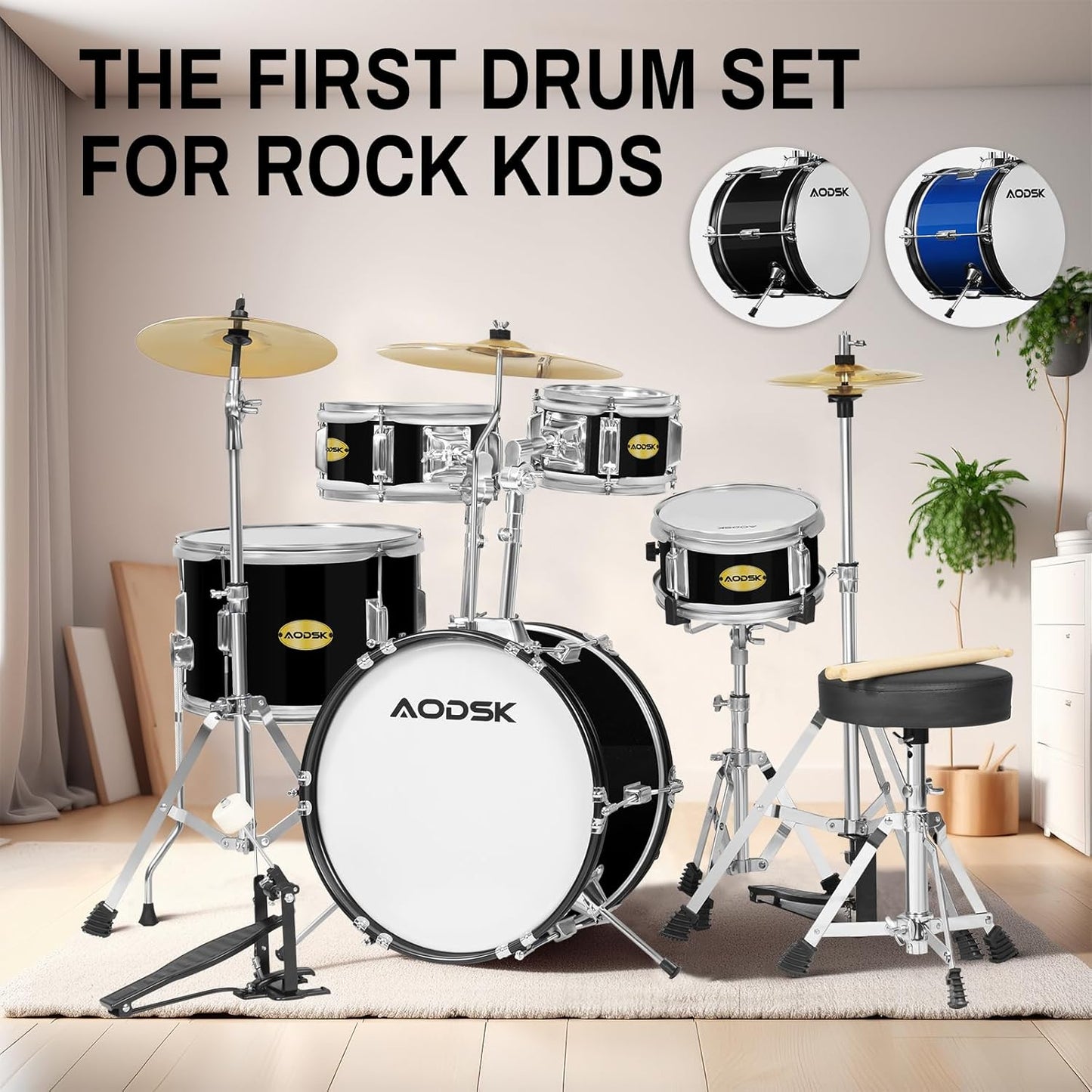 AODSK Drum Sets 5-Piece for Beginners, 14 inch Full Size Complete Drum Kit with Adjustable Throne, Cymbal, Hi-Hat, Pedal & Drumstick Black