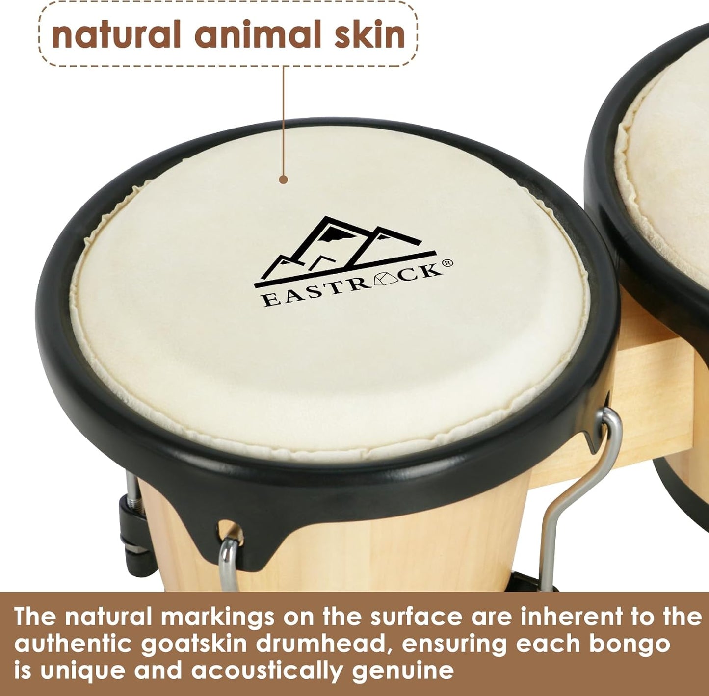 EASTROCK Bongo Drum 6″ and 7″ Set for Beginners Students Adults Professionals, Natural Animal Skin Heads, Solid Wood Shell, Tunable Drum Percussion Instruments Bongos with Bag and Tuning Wrench-Wood
