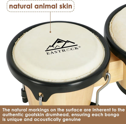 EASTROCK Bongo Drum 6″ and 7″ Set for Beginners Students Adults Professionals, Natural Animal Skin Heads, Solid Wood Shell, Tunable Drum Percussion Instruments Bongos with Bag and Tuning Wrench-Wood