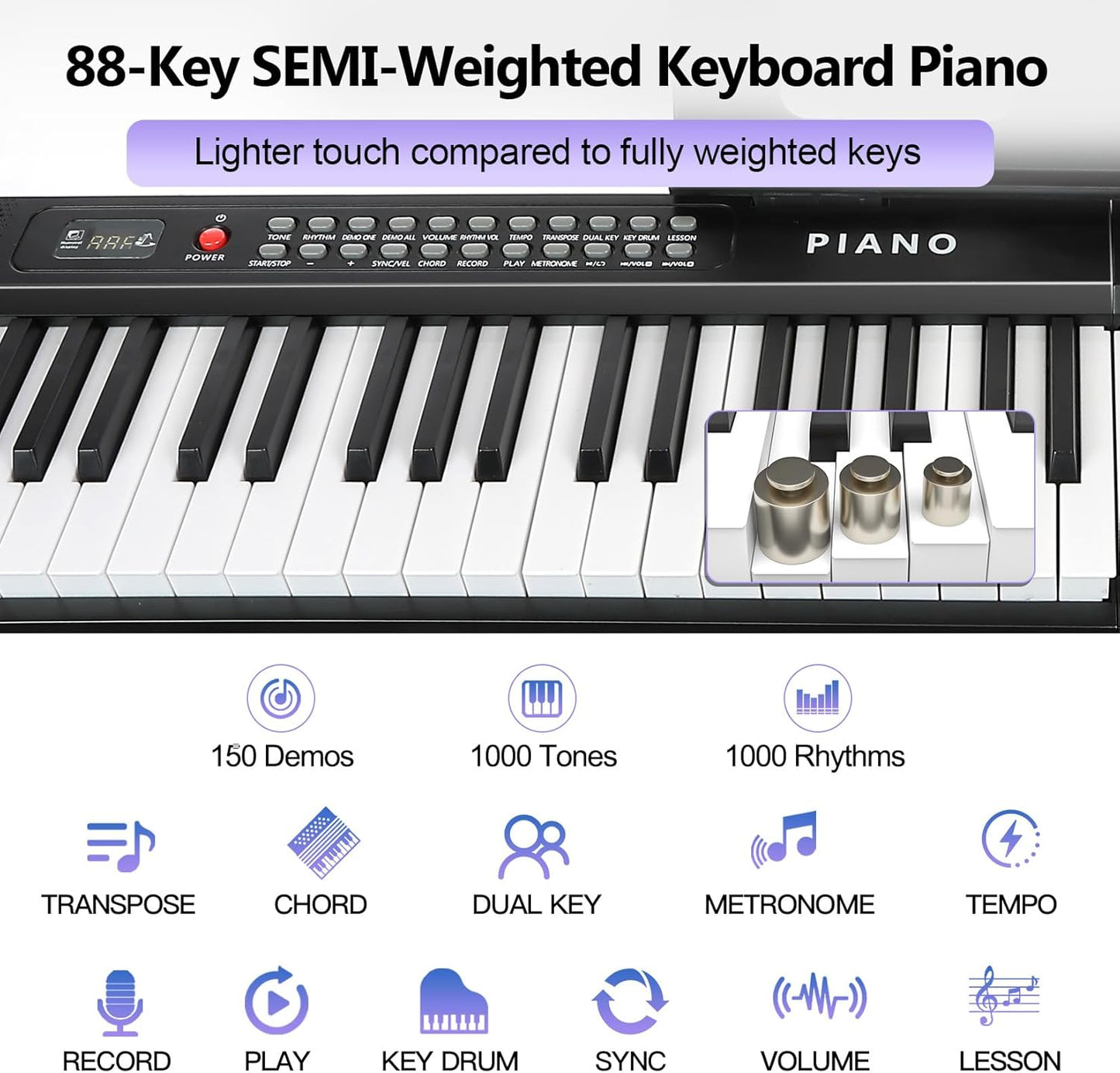 88 Key SEMI-Weighted Keyboard Piano For Beginners w/Stand, Corded Electric, MIDI, Bluetooth, 1000 Tones/Rhythms, 150 Demos, Sustain Pedal, Teaching Mode, Metronome, Sync, Dual Key, Key Drum