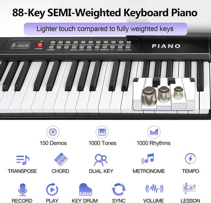 88 Key SEMI-Weighted Keyboard Piano For Beginners w/Stand, Corded Electric, MIDI, Bluetooth, 1000 Tones/Rhythms, 150 Demos, Sustain Pedal, Teaching Mode, Metronome, Sync, Dual Key, Key Drum