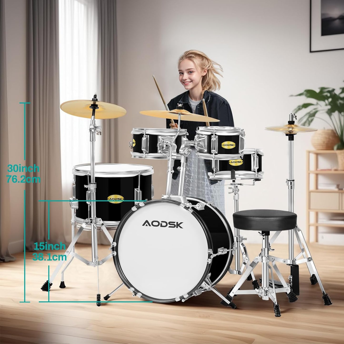 AODSK Drum Sets 5-Piece for Beginners, 14 inch Full Size Complete Drum Kit with Adjustable Throne, Cymbal, Hi-Hat, Pedal & Drumstick Black